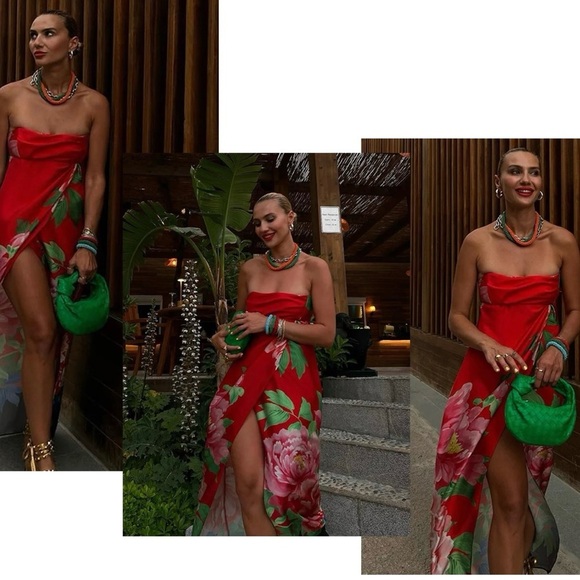 Zara red tropical floral flower strapless maxi dress front slit Sz S NWT - Picture 4 of 16